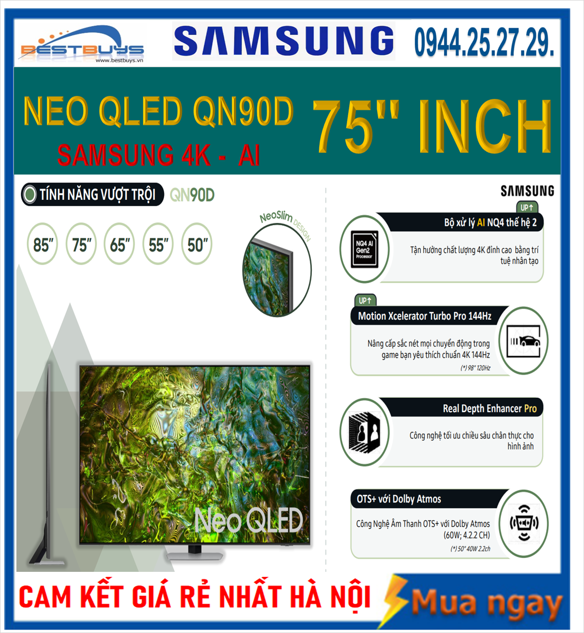 Mua,bán tivi Samsung 75 inch Neo QLED 4K 75QN90D chính hãng giá rẻ nhất HÀ NỘI !