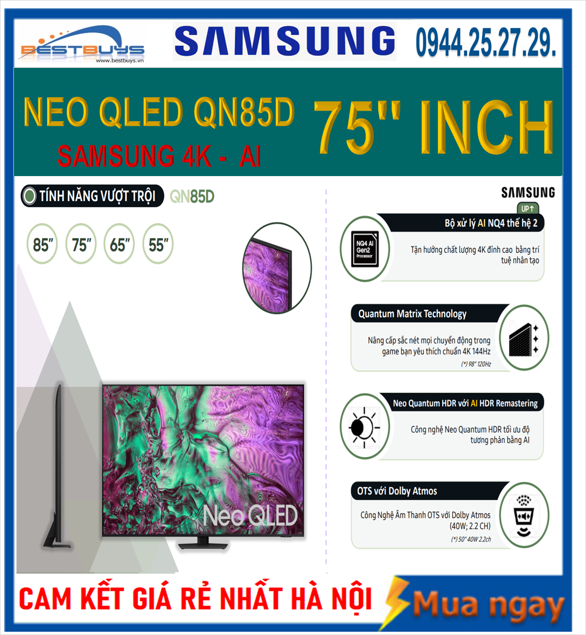 Mua,bán tivi Samsung 75 inch Neo QLED 4K 75QN85D chính hãng giá rẻ nhất HÀ NỘI !