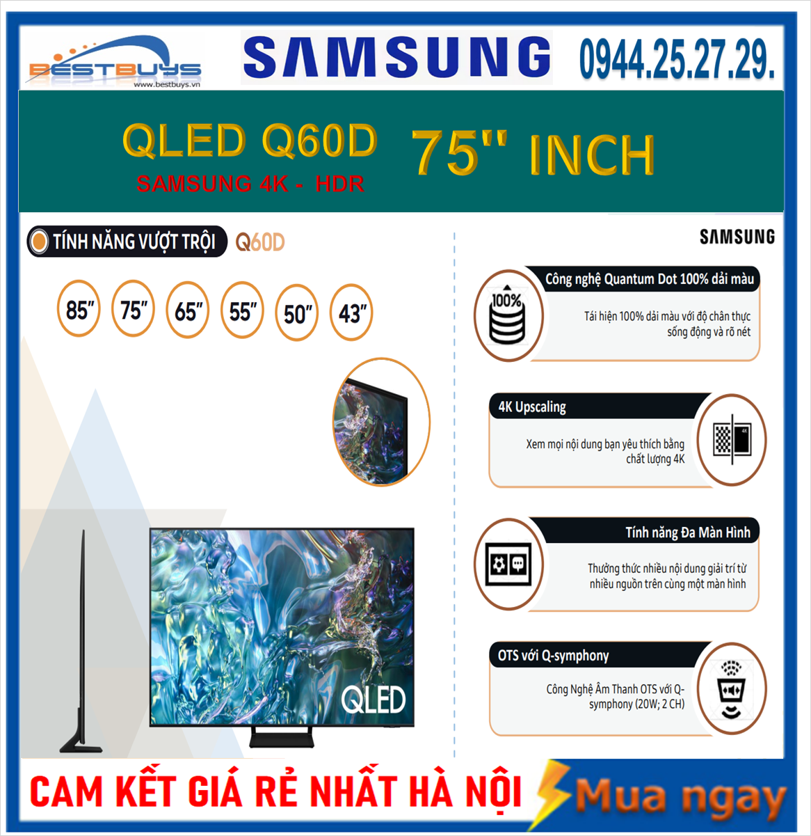 Mua,bán tivi Samsung 75 inch QLED 4K 75Q60D chính hãng giá rẻ nhất HÀ NỘI !