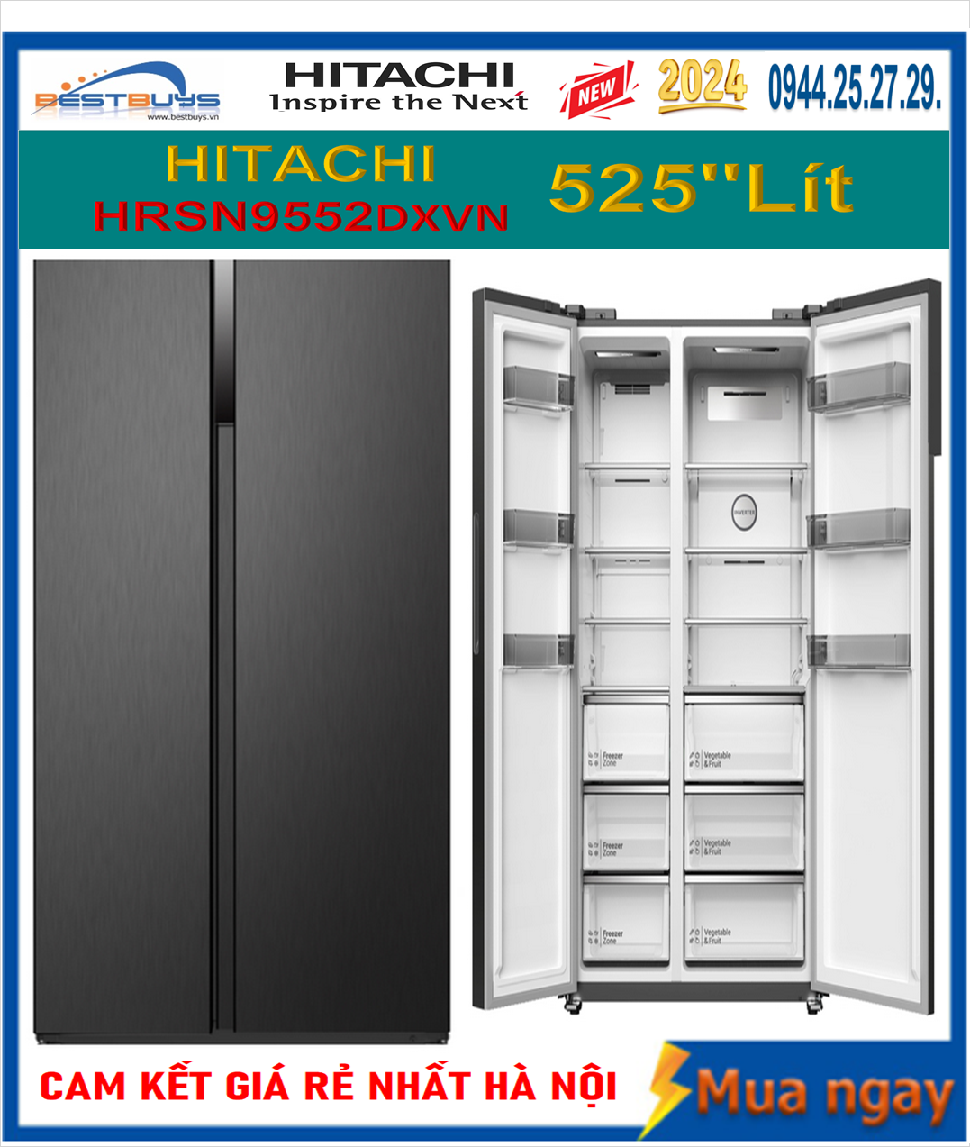 Nơi Bán Tủ lạnh Side by Side Hitachi Inverter 525 lít HRSN9552DDXVN với giá rẻ nhất hiện nay  !