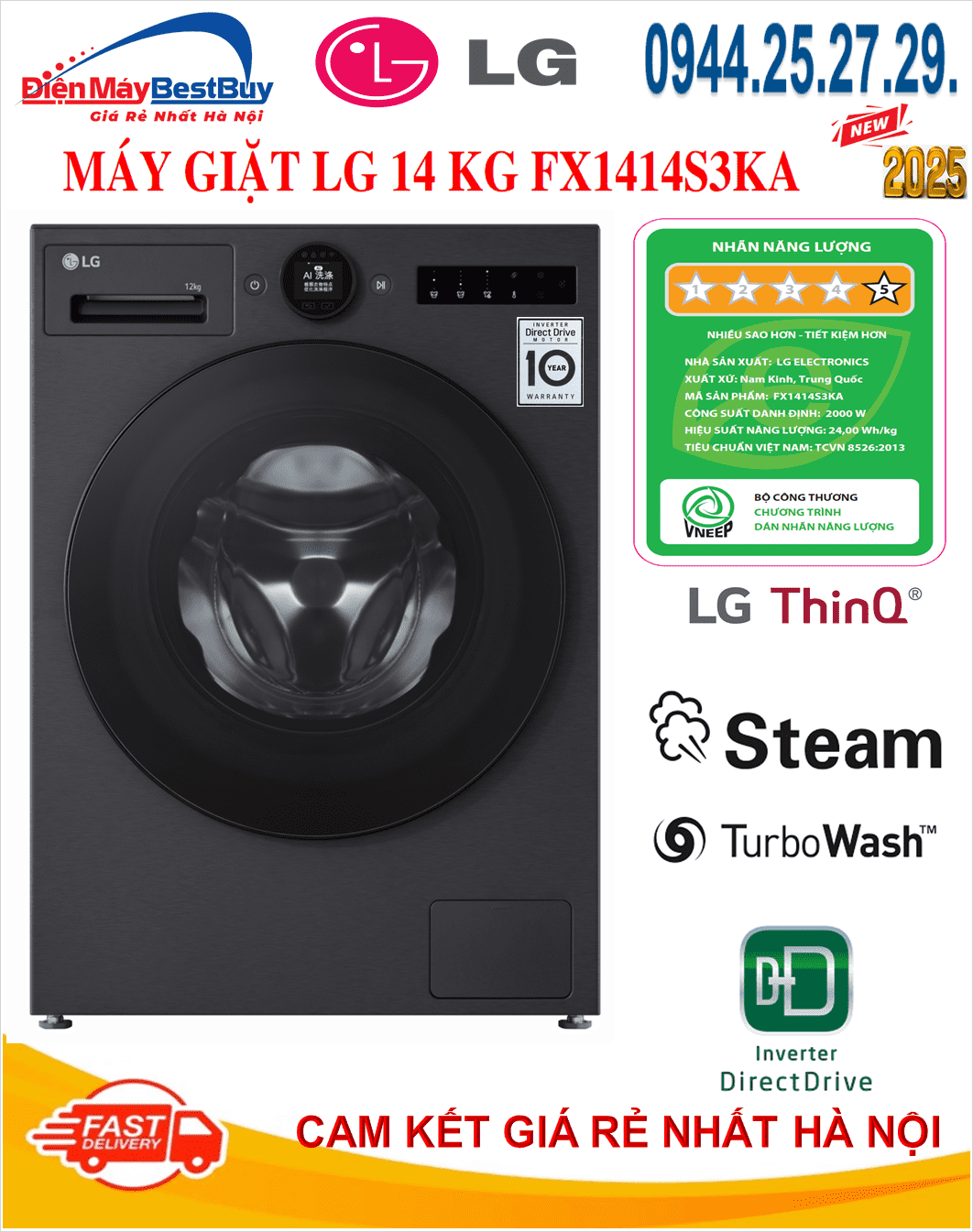 Đánh giá chi tiết Máy Giặt Sấy LG Inverter 14kg Series 7 AI DD™ 2.0 FX1414S3KA [2025]