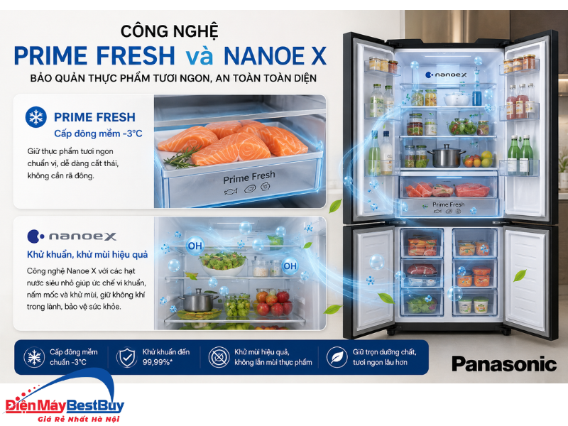 Tủ lạnh Panasonic 4 cánh kết hợp Prime Fresh và Nanoe X