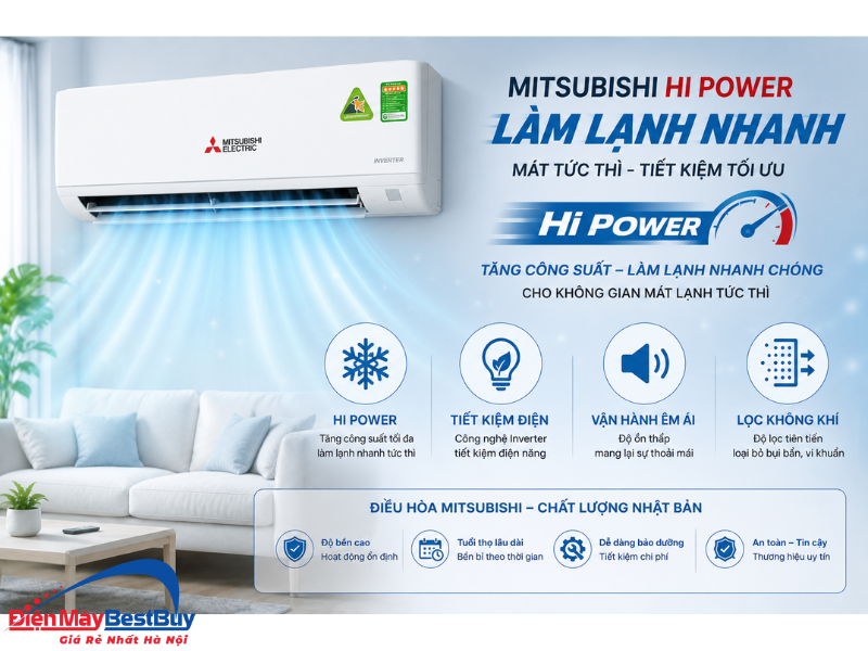 Điều hòa Mitsubishi Hi Power làm lạnh nhanh, tiết kiệm điện hiệu quả