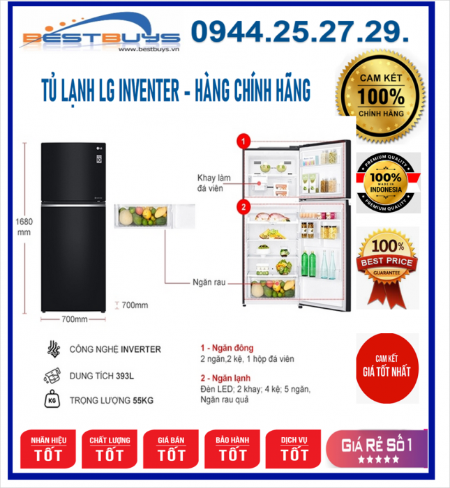 Tủ lạnh LG GN-L422GB Inverter - 410 Lít