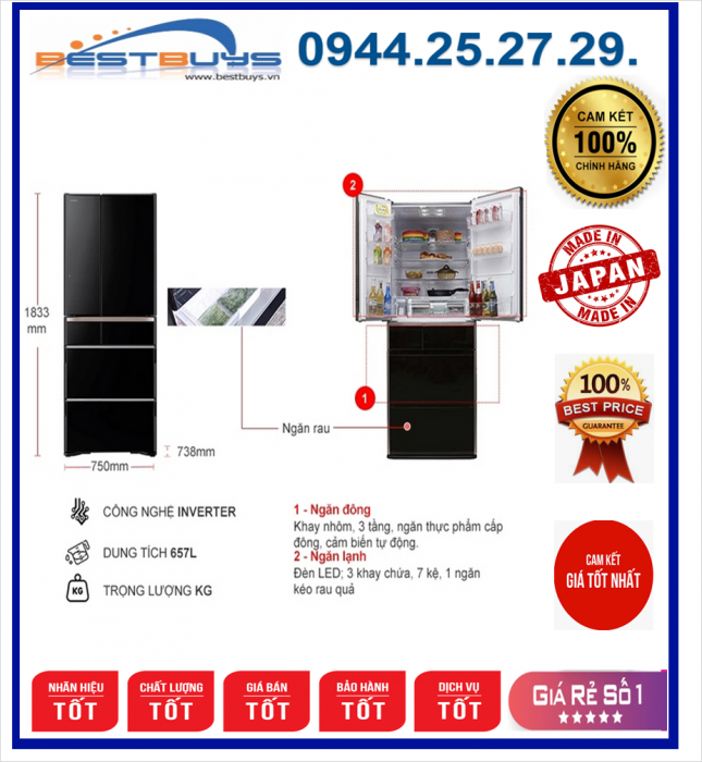 Tủ lạnh 6 cánh Hitachi G620GV(XK) - 657 Lít Inverter