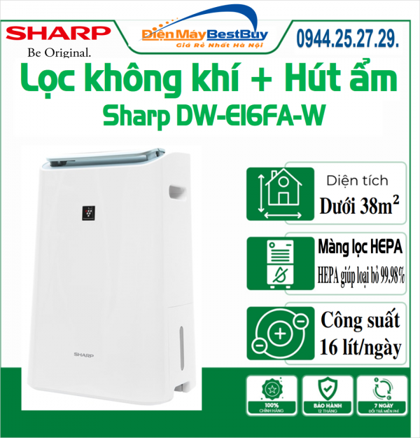 Máy lọc không khí kết hợp hút ẩm Sharp DW-E16FA-W, HÀNG CHÍNH HÃNG MỚI 2020