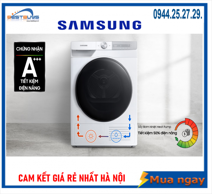 Máy sấy bơm nhiệt Samsung Inverter 9 Kg DV90T7240BH/SV