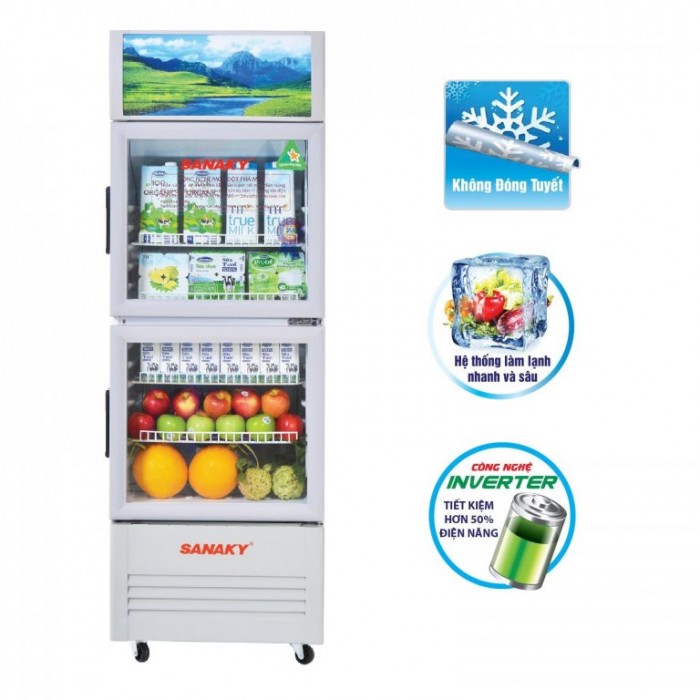 Tủ mát Sanaky Inverter VH-258W3L công nghệ LOW - E ( 210 lít, 2 cánh kính trên dưới, chống đọng sương mờ )
