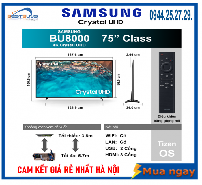 Smart Tivi Samsung 4K 75 inch UA75BU8000KXXV Crystal UHD Mới 2022