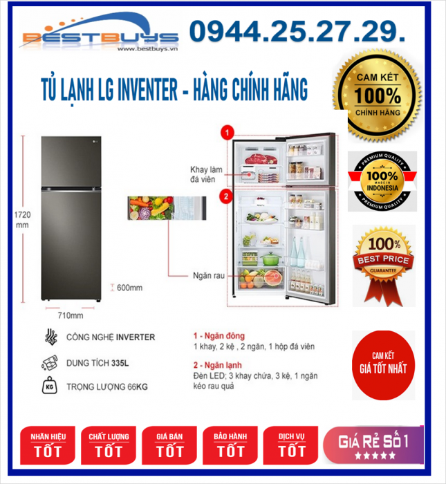 Tủ lạnh LG Inverter 335 lít GN-M332BL
