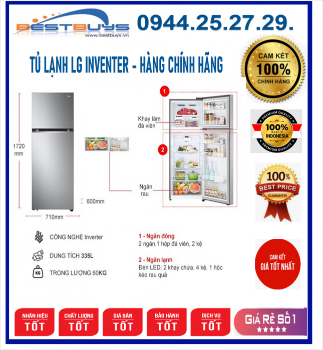 Tủ lạnh LG Inverter 335 lít GN-M332PS