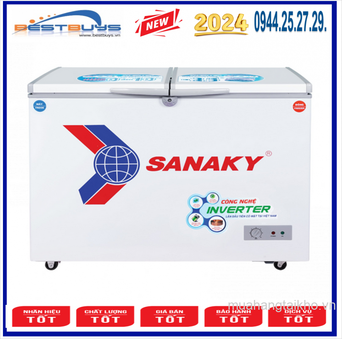 Tủ đông Sanaky Inverter VH-2899W3 ( 240 lít, 1 ngăn đông, 1ngăn mát, 2 cánh mở, dàn lạnh đồng )
