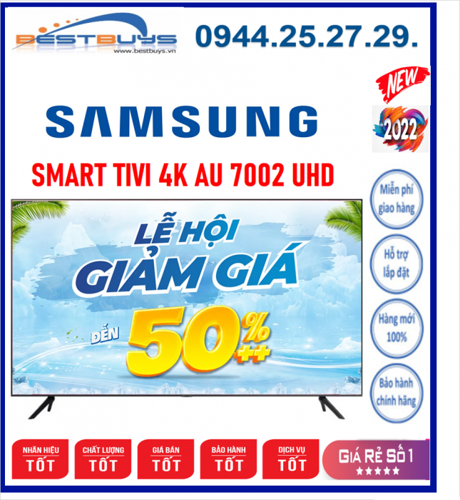 Smart Tivi Samsung 4K 50 inch 50AU7002 Crystal UHD Mới 2022