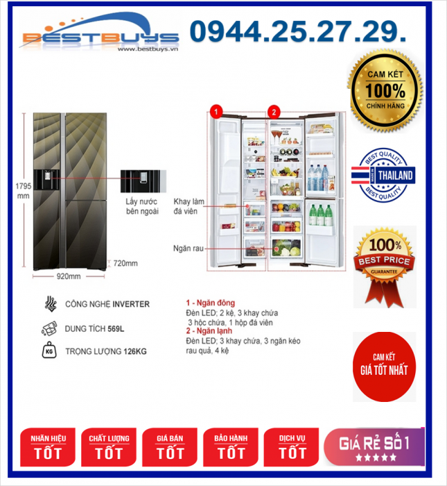 Tủ lạnh SBS Hitachi Inverter 569L R-FM800XAGGV9X-DIA