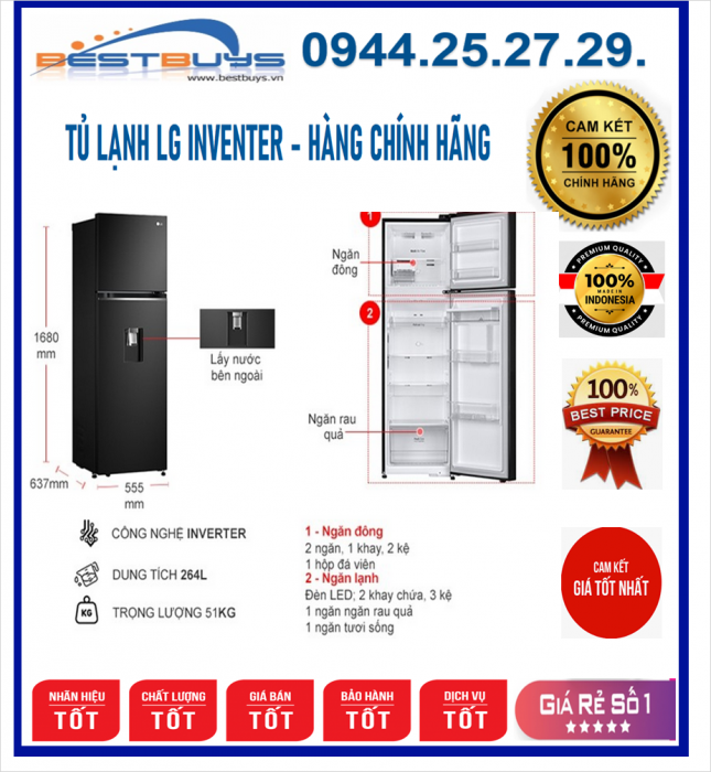 Tủ lạnh LG Inverter 264 Lít GV-D262BL