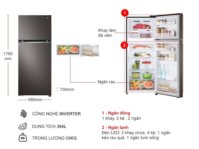 Tủ lạnh LG Inverter 394 lít GN-H392BL