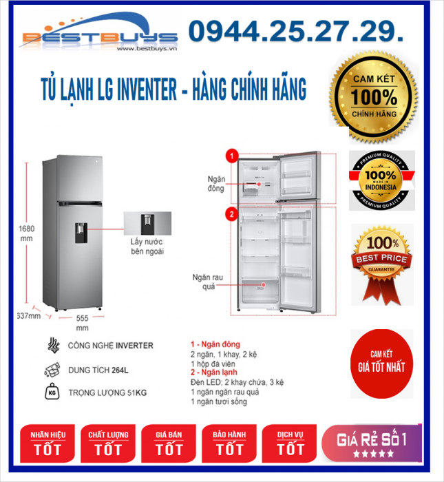 Tủ lạnh LG Inverter 264L GV-D262PS