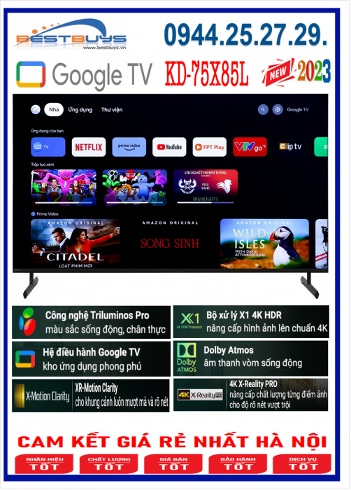 Google Tivi Sony 4K 75 inch KD-75X85L [75X85L] MỚI 2023