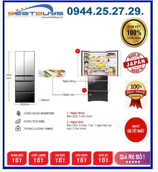 Tủ lạnh Hitachi HW530NV-X 6 cửa Inverter 520L