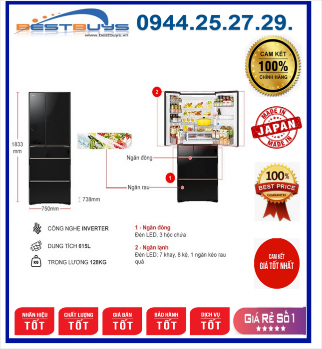 Tủ lạnh Hitachi WX620KV XK Inverter 615 lít