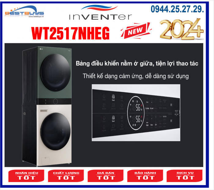 Tháp giặt sấy LG Inverter giặt 25 kg - sấy 17 kg WT2517NHEG Mới [2024]