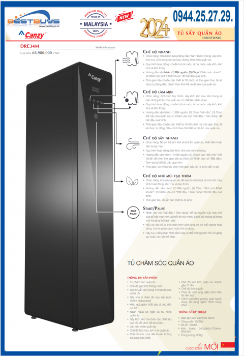 Tủ hấp sấy chăm sóc quần áo loại 3 móc CANZY DRE34M