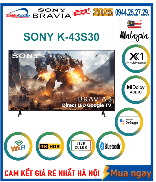 Google Tivi Sony 4K 43 inch K-43S30 MỚI 2024