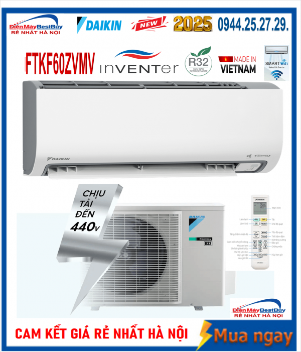 Điều hòa Daikin 21000BTU 1 chiều inverter FTKF60ZVMV Có WIFI Mới 2025