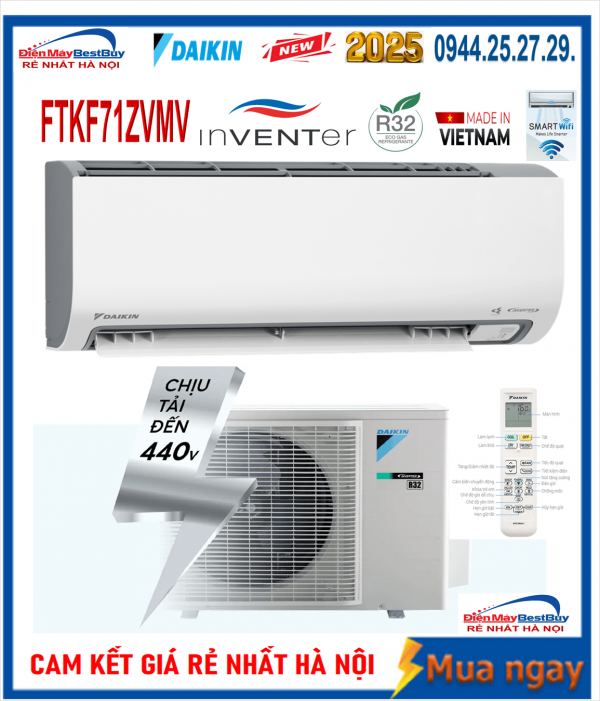 Điều hòa Daikin 24000BTU 1 chiều inverter FTKF71ZVMV Có WIFI Mới 2025