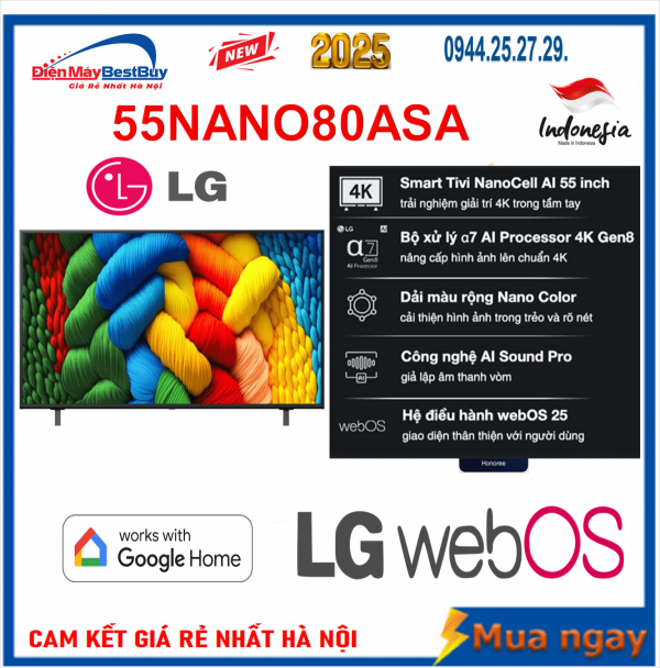 Smart Tivi NanoCell LG 4K 55 inch 55NANO80ASA ThinQ AI [2025]