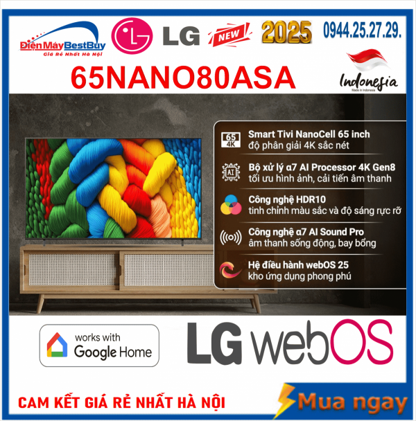Smart Tivi NanoCell LG 4K 65 inch 65NANO80ASA ThinQ AI [2025]