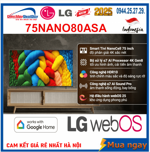 Smart Tivi NanoCell LG 4K 75 inch 75NANO80ASA ThinQ AI [2025]