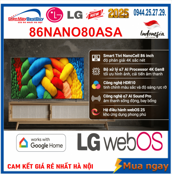 Smart Tivi NanoCell LG 4K 86 inch 86NANO80ASA ThinQ AI [2025]