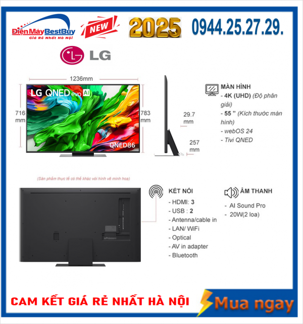 Smart Tivi QNED LG AI 4K 55 inch 55QNED86ASA New [2025]