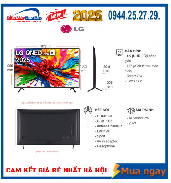 Smart Tivi QNED LG AI 4K 75 inch 75QNED92ASA Mới [2025]