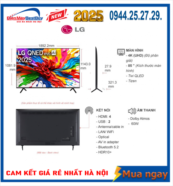 Smart Tivi QNED LG AI 4K 85 inch 85QNED92ASA Mới [2025]