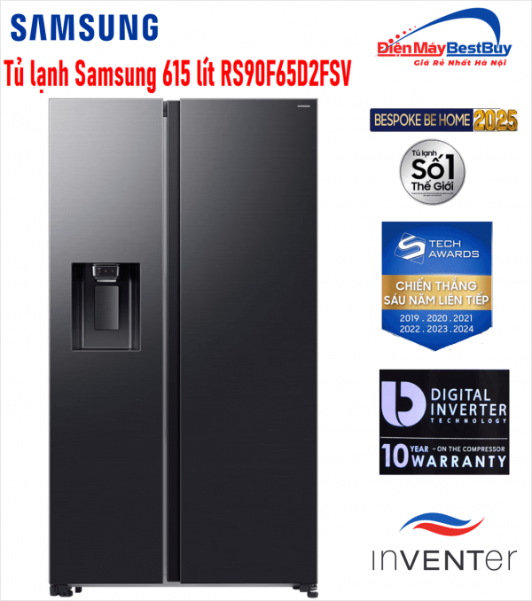 Tủ lạnh Samsung Inverter 615 lít Side By Side AI Home RS90F65D2FSV New [2025]