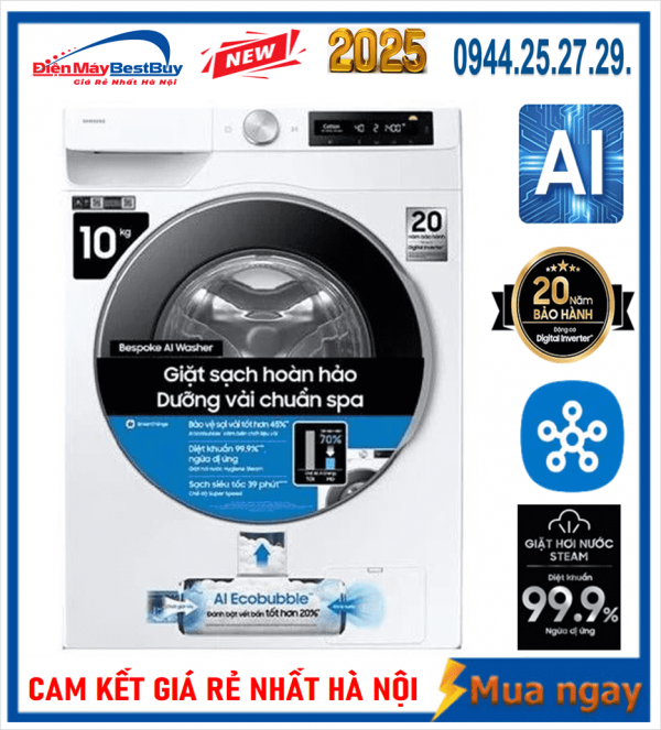 Máy giặt Samsung 10 kg Bespoke AI Inverter Mầu trắng WW10B7U34GWSV [2025]