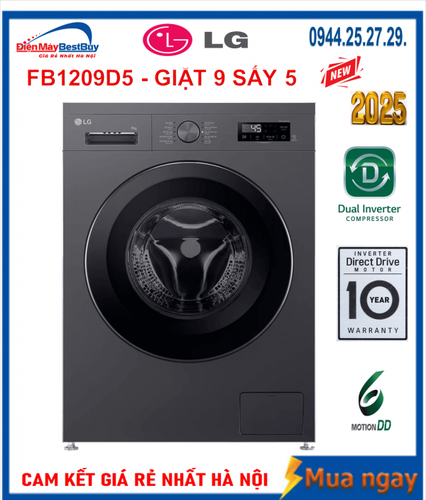 Máy giặt sấy LG Inverter giặt 9 kg - sấy 5 kg FB1209D5M Mới 2025