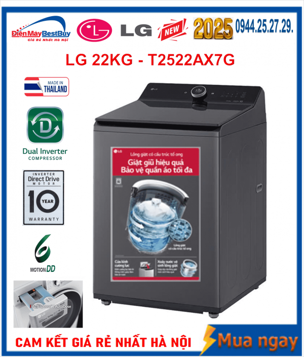 Máy Giặt LG Lồng Đứng 22 kg T2522AX7G Mới 2025