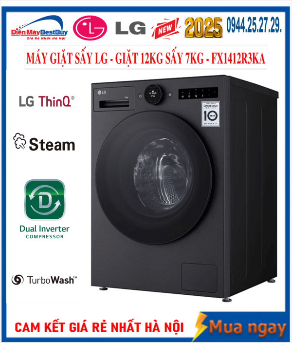Máy Giặt Sấy LG Inventer Giặt 12kg Sấy 7kg Series 7 AI DD™ 2.0 FX1412R3KA [2025]