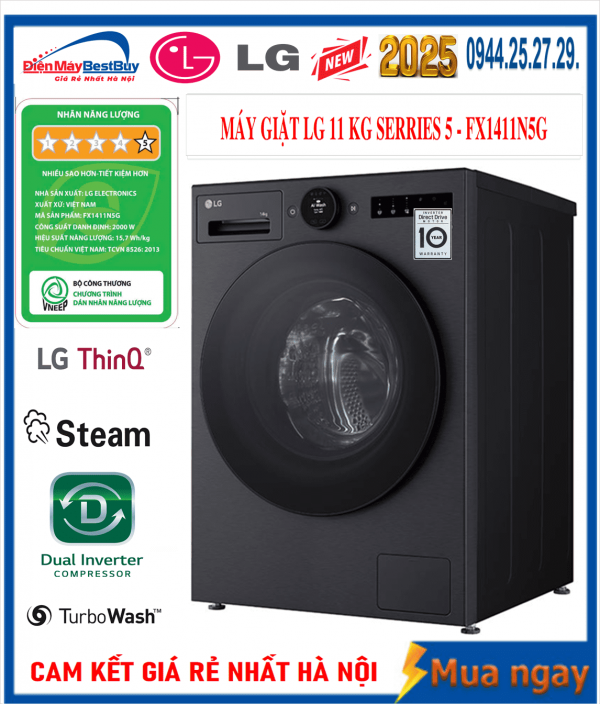 Máy Giặt LG Inverter 11 Kg FX1411N5G [2025]