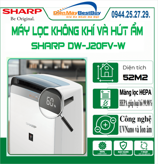 Máy lọc không khí và hút ẩm Sharp DW-J20FV-W (52m²/20lít)