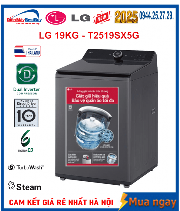 Máy giặt LG T2519SX5G Inverter lồng đứng 19kg 2025