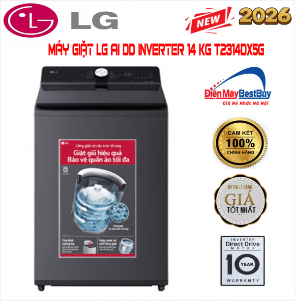 Máy giặt LG T2314DX5G Inverter lồng đứng 14kg 2025