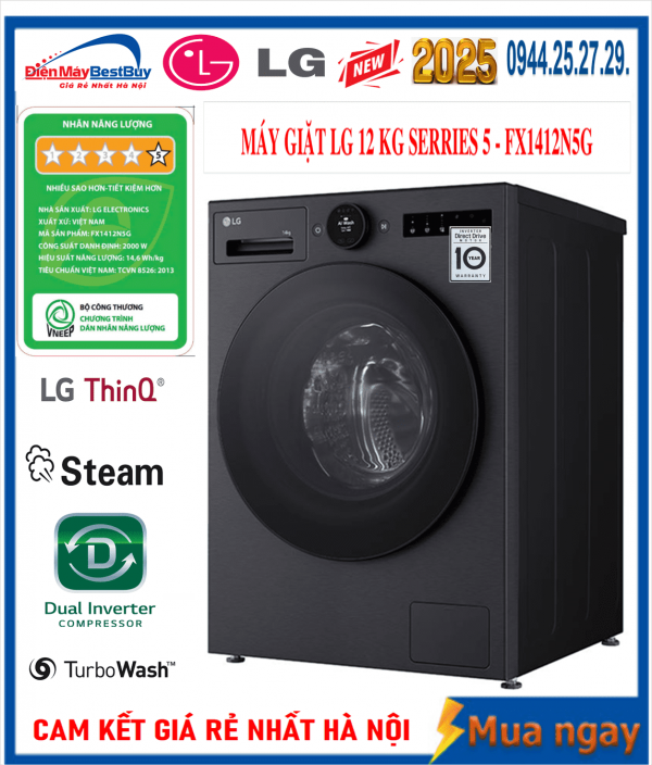 Máy giặt LG FX1412N5G Inverter lồng ngang 12kg 2025