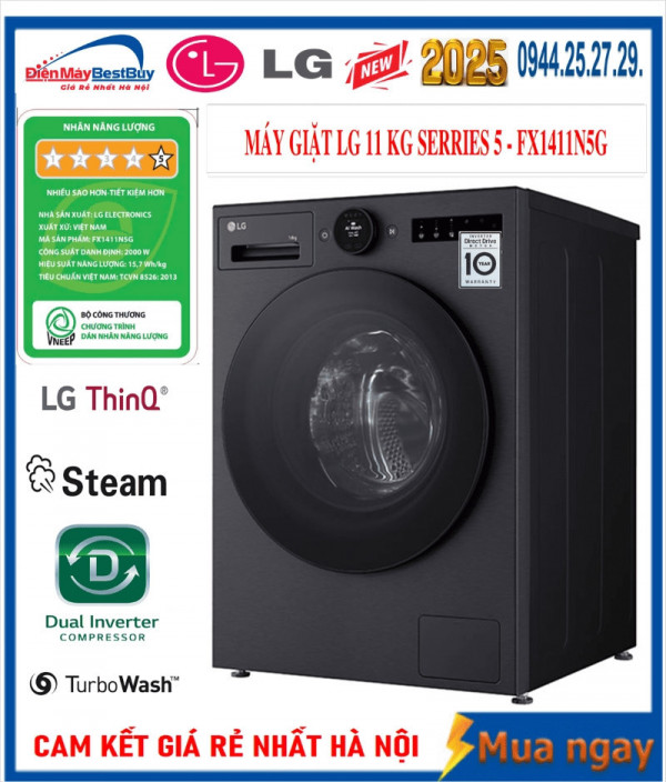 Máy giặt LG FX1411N5G Inverter lồng ngang 11kg 2025