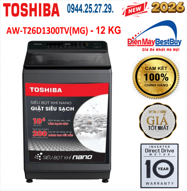 Máy giặt Toshiba Inverter 12 kg AW-T26D1300TV(MG) Mới 2026