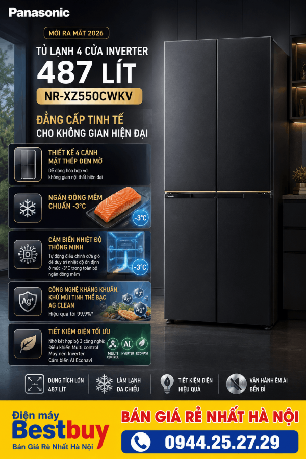 Tủ lạnh Panasonic 4 Cửa Inverter 487 Lít NR-XZ550CWKV Mới 2026