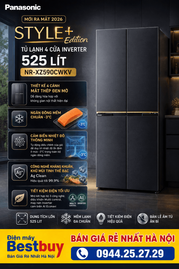 Tủ lạnh Panasonic 4 Cửa Inverter 525 Lít NR-XZ590CWKV New 2026